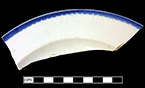 Impressed blue edged unscalloped refined white earthenware plate. Rim diameter:  8.50”, from 18BC27, Feature 30.